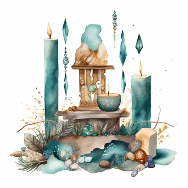 Design a watercolour clipart image of a witch-inspired boho altar with a big turquoise crystal as the centerpiece containing golden flecks of pyrite and white streaks of calcite, all set against a white background. The altar should have a mystical and earthy vibe, with elements like candles, feathers, and crystals arranged in a visually appealing way around the turquoise crystal. The image should be highly detailed and realistic, while also retaining a whimsical and artistic quality that capture