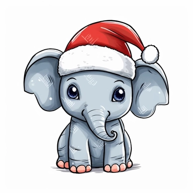extreamly cute baby elephant wearing santa's hat, clip art, minimalist, cartoon style, white background