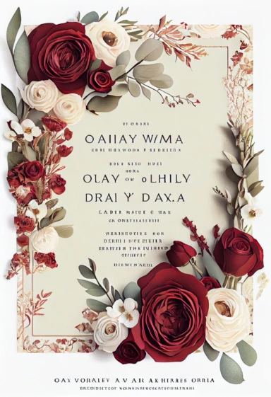 beautiful, intricate, sharp focus, stunning, beautiful wedding invitation, dried red roses, white ranunculus, and wax flowers, boho wedding invitation, show entire invitation, no border, clipart, on white background, flat lay, extreme detail, wedding invitation,