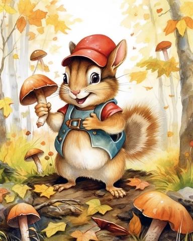 Artwork in the style of Cicely Mary Barker, clipart, whimsical watercolor illustration of a cute and happy little chipmunk gathering acorns in an autumnal forest, watercolor clipart, Book Cover illustration, Hyper HD