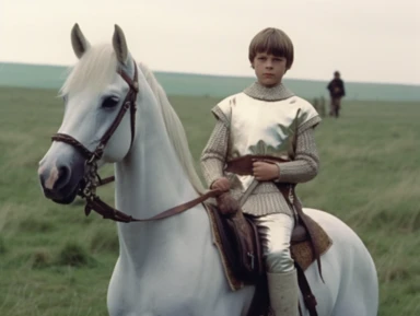arthur as a young squire is walking next to a white horse, medieval clothing, vhs clip of 1981 movie the grail, in the style of home video, still frame