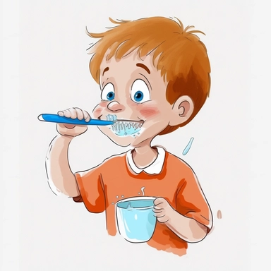 clipart style drawing a child brushing teeth with a white background