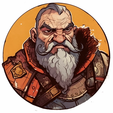 A Dungeons & Dragons character portrait circular tondo depicting a grizzled dwarven dwarf Indiana Jones, Craig Mullins Ashley Wood Bernard Buffet Josh Kirby, Mad Max Lord of the Rings Discworld, handpainted punk zine indie retrowave, clipart illustration, circular solid background circular border