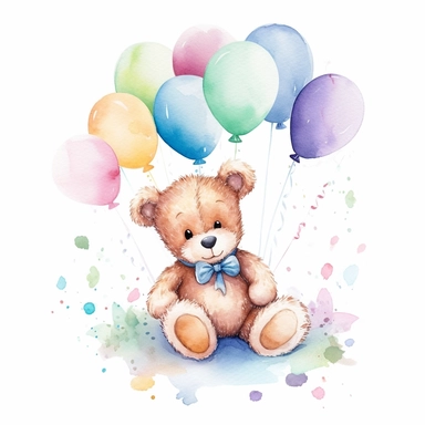 a captivating watercolor clipart image with a white background and white margins, featuring a baby bear floating on a cloud, holding onto a string of colorful balloons. The ultra-detailed, hand-drawn elements capture the playfulness and lightness of the baby bear. Use bright shades of various colors to create a visually appealing and joyful image that conveys a sense of celebration and happiness.