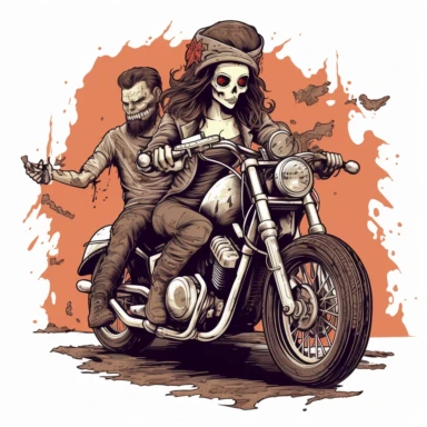 skull headed and skull faced female motorcyclist on a harley looking very tough and hardened white background clipart c 100