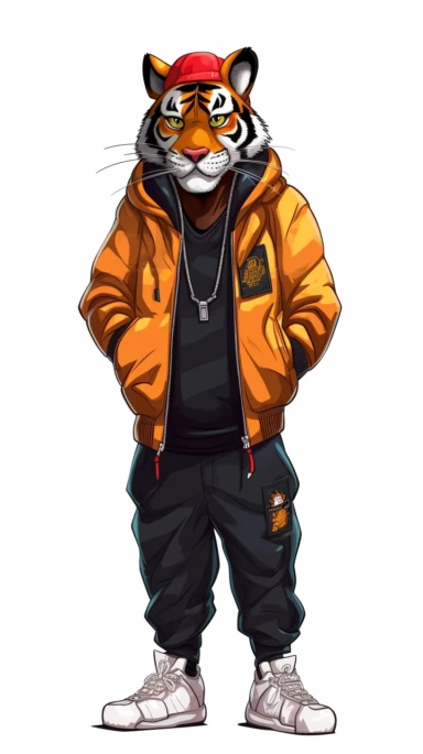 Cute Tiger wearing streetwear clipart,Tiger wearing nike black and orange sneakers, tiger PNG, Cool tiger walking super model PNG