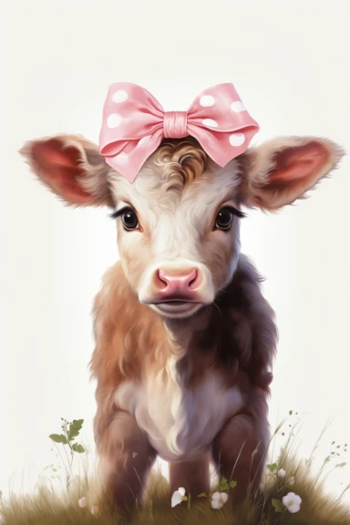 a baby cow with pink bow, clipart, white background