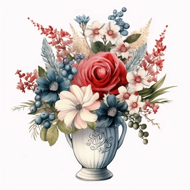 pastel red white blue color vintage wedding floral bouquet in a vase clipart