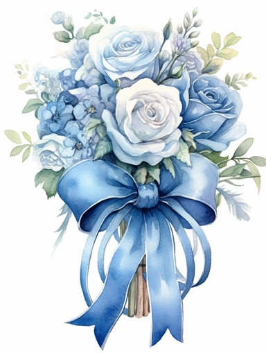 vintage beautiful victorian shabby chic blue roses bouquet with ribbon bow on white background, blue theme, watercolor illustration, clipart