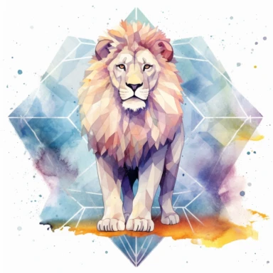 watercolor clipart of celestial white roaring lion, full body shot, sacred geometrical patterns, cosmos in background, on white background