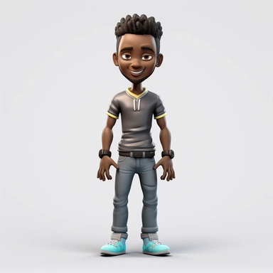Front view of animated black man standing wearing t-shirt character design, full body, face drawing in top quality, high quality face drawing, clipart, full illustration, 4k, sharp focus, Soft skin, symmetrical, detailed face, concept art, storybook style, chibi kawaii. Octane rendering, 3D, perfect face, detailed face, delicate face, sharp lips. Perfect, detailed eyes