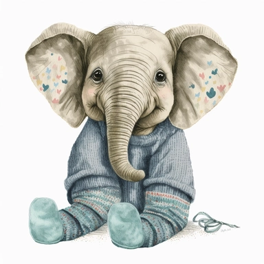 a cute smiling baby elephant with big ears, sitting, in wool socks, watercolor style, clipart