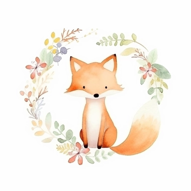 cute fox in a dainty minimalist floral wreath, watercolour, magical, kids art, clipart, isolated white background, 8k