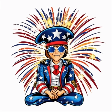 hd clipart image, patriotic pirate with an eye patch sitting on a huge pile of fireworks, cartoon style,