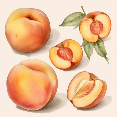 Trendy watercolor clipart featuring five delicate ripe peach cut in half with detailed pit painted in soft pastel tones. The watercolor medium brings out the beauty of the peach, with intricate brushstrokes capturing their graceful and intricate details. The peaches add a touch of vibrant color and visual interest to the composition. The trendy design incorporates a modern color palette, blending subtle and harmonious shades to create a visually appealing and stylish artwork. Whether you're work