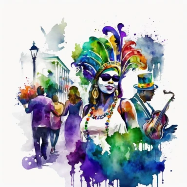 watercolor clipart, Louisiana Mardi Gras scene with happy people, bold colors white background--s 500