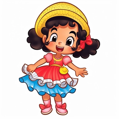 a cute afro little girl dressed for a brazilian junina party, with a blue and yellow flowing dress, braids in her hair, red shoes, happy, Monica's gang style, Graphics Maurício de Sousa, digital art, big eyes, cartoon, clipart , country girl from festa junina from brazil cute drawing white background