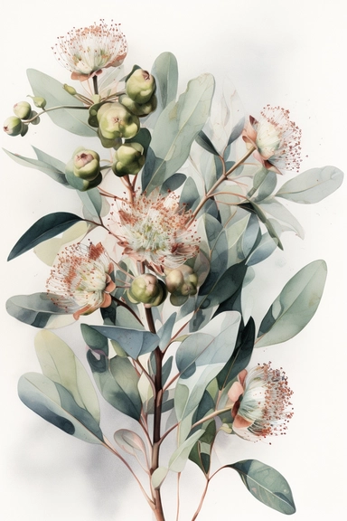 Watercolor Painting of Eucalyptus FLOWERS on white background beautiful multi - headed pale, Flora Design Patterns, Flemish Baroque by Rachel Ruysch, Behance, Rococo, Intricate Detailed, Soft Light Effect, Oil Paint Strokes, Light Academia Aesthetic Flowers, Lighting cinematic, all shown shimmering stamens, tyndall light, light effect, texture, colorful, 8k, fantasy, ray tracing, depth of field, vivid, spectacular lighting, octane rendering, highly detailed, ultra - realistic, white background, 
