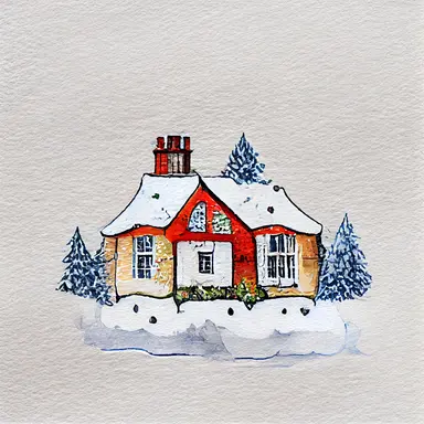 christmas, cute English country cottage, symmetrical, winter, snow, watercolor, clipart