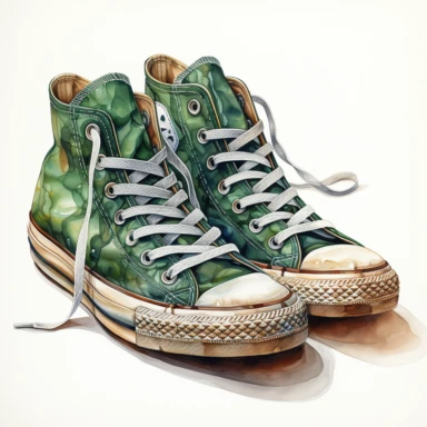 hand drawn , watercolor, hyper realistic, white background, white margins, 16k, ultra detailed clipart, cut out image, hand-drawn, ultra HD, sharp and clean art a pair of white vintage old worn sneakers 1940 -1950 era , capturing the romantic and feminine aesthetics often associated with vintage fashion and travel, Clipart