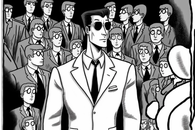 retrofuturistic looking through human souls, tuxedo, broken, Clipart, black white, inklines, art by Gary Larson, art by ChrisWaikikiAI,