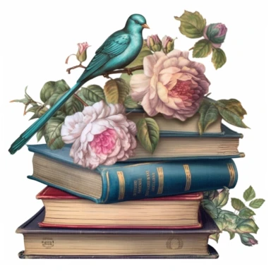 Clipart, vintage books with peony and little bird, detailed, hyper realistic, marsh green/dark turquoise, victorian era, watercolor, fantasy, amazing colour compilation, countrycore, romantic colors, white background