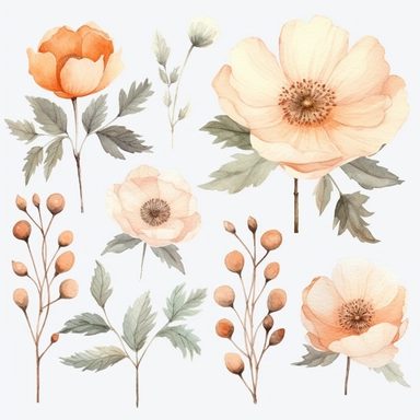 Watercolour clipart of a light peach color, burnet rose blossom theme, vintage effect, high quality, soft and muted colours, bright white background, 8k, f1