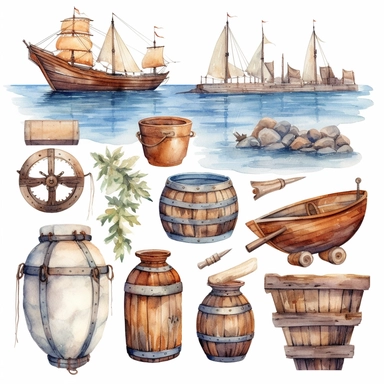 Watercolor roman harbour and ship and amphoras , illustrations clipart set, simple, , cartoon elements, different variants , iron elements, wooden elements, earthenware elements, separate elements with a margin