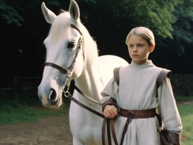 arthur as a young squire is walking next to a white horse, medieval clothing, vhs clip of 1981 movie the grail, in the style of home video, in motion, film still