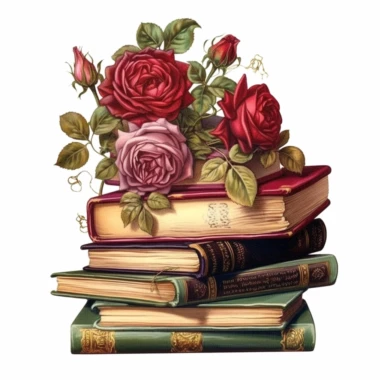 Clipart, vintage books with rose, hyper detailed, hyper realistic, marsh green/dark red, victorian era, watercolor, fantasy, amazing colour compilation, romantic colors, victorian style, white background,