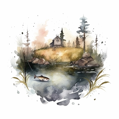 one illustration of fishing Watercolor clipart on a white background, in the style of hazy landscapes, nature-inspired motifs, free brushwork, fantasy settings, decaying landscapes, no watermark, text, 300 DPI , typography, shapes do not stick together, no text in the picture, on a white background