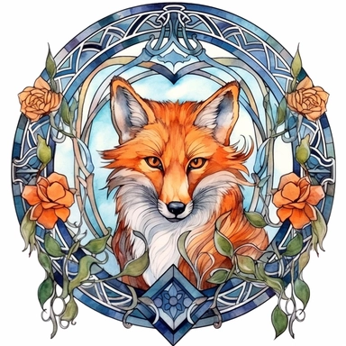 Celtic ornament and flowers, fox and Celtic ornament, watercolor clipart, window, stained glass and fox, modern, decorative composition