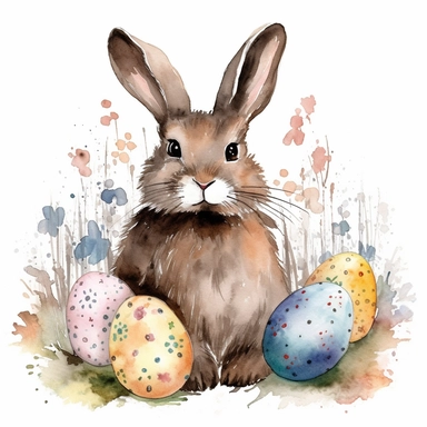 clipart watercolor sketch illustration of adorable fluffy brown bunny with pastel easter eggs and flowers around him, loose charcoal lines, dry brush strokes, splashes of paint