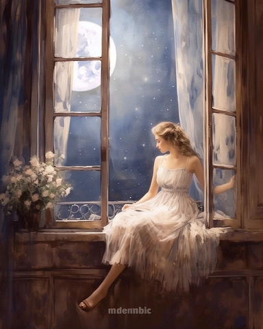 Watercolor clipart The young girl is sitting in front of the transparent French window with red roses. The curtains are floating, and the moon, a little starlight, a direct light shines from the French window, which is literary and artistic.