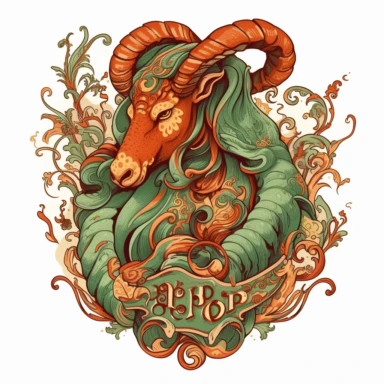 old style fire capricorn zodiac, vector design illustration, in the style of detailed heavy metal embroidery, hand-painted details, Horoscope Clipart, isolated white background