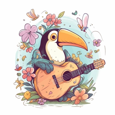 a smiling toucan with a ukulele and a flower crown, depicted in a whimsical, surrounded by colorful flowers and butterflies. The mood of the artwork is cheerful and playful, with a soft pastel color palette. The lighting style is bright and sunny, evoking a warm and inviting feeling. clipart design graphic, vector, contour, super cute, isolated white background, high quality, 2d, flat