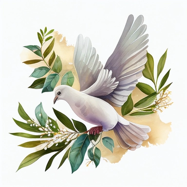 white Dove fly with small palm brunch in beak, watercolor, Clipart