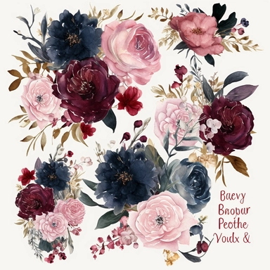 Create an enchanting collection of ultra-detailed watercolor floral clipart, showcasing a mesmerizing color palette of navy, burgundy, and blush. The clipart should capture the richness and depth of these tones, evoking a sense of sophistication and romance. Incorporate a variety of floral elements, including roses, peonies, and other elegant blooms, each meticulously painted to emphasize their unique textures and intricate details. Design the clipart with a focus on wedding themes, allowing for