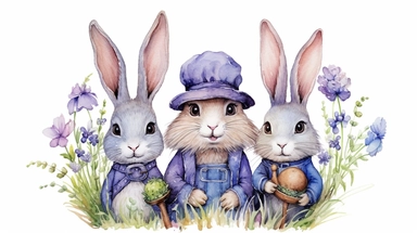 cute lavender bunnies with hat, googles water color dark clipart, white backgroud