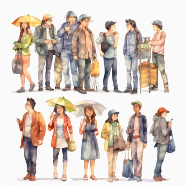 watercolor, People Group Different Job Set, png Full body realistic cartoon in 32K UHD cute. 15 cm thick outline. Black color. There was no shadow on the ground. 8k with realistic watercolors and detailed illustrations. PNG clipart, transparent white background