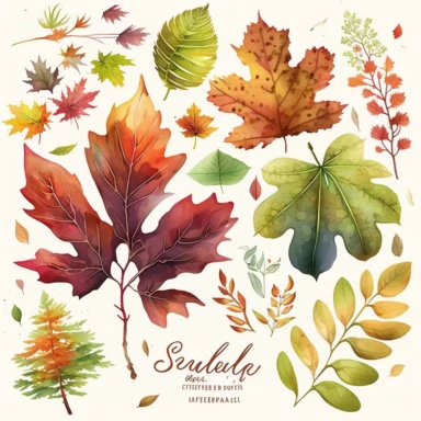 Watercolor Autumn Illustration clipart, Autumn Leaves, maple, oak, birch, sweetgum, gingko, dogwood, japanese maple, virginia creeper, high quality 8k, highly detailed, realistic, clean, hand drawn, bright colors