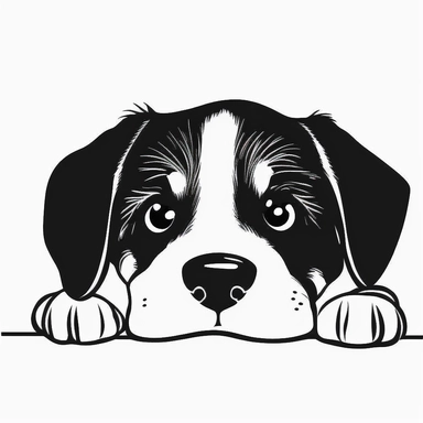 simple monochrome outline of a front facing Greater Swiss Mountain Dog puppy head peeking with front paws, cute, clipart, flat 2d vector, minimalist, black and white, svg cut file, line art drawing