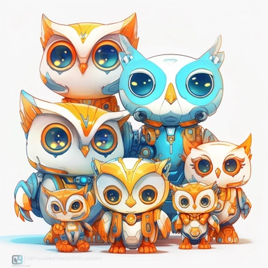 Kawaii owl, wallpaper owl, gods art, aion, jewelry, A team of 6 supportive, curious, nerdy computer cats and robots, clipart by Sarah Anderson, pure white background