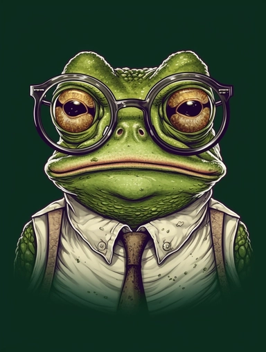 a portrait of a Frog wearing a white shirt and glasses, looking tired and done with life, vector illustration, clipart, outlines, portrait,