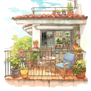 watercolor, hyper realistic, white background, white margins, 16k, ultra detailed clipart, cut out image, hand-drawn, whimsical manhwa style, ultra HD, sharp and clean art cozy balcony with a wooden bench, a small coffee table, and a few cushions, surrounded by flowering plants, overlooking a quiet street