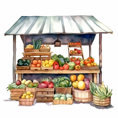 watercolor colorful clipart of a bountiful farmer's market, hd, on white background