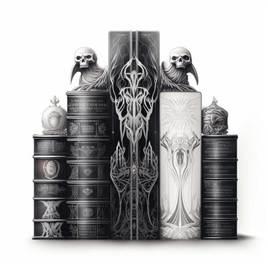 Create an impressive clipart of a clean, dark wizard's book stack on a pure white background. The design should incorporate elements of the gothic and fantasy genres, with dark hues and ornate designs on the books' spines. The lighting should be moody and shadowy, with a focus on the intricate details of the books' covers. The book stack should be perfectly symmetrical to create a sense of order and balance. Use a macro lens to capture the intricate details of the books' designs and play with th