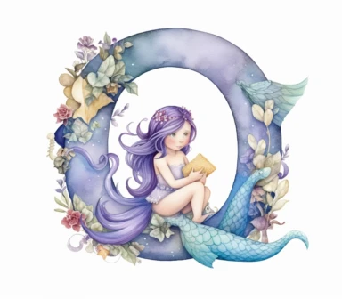 create clipart of children book illustration letter Q with Mermaid fairy in the style of ruth sanderson, baby blue and purple, skottie young, soft-edged, white background