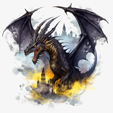 On the illustration, there is a royal black and golden fierce big dragon flying over a gothic dark castle. the atmosphere is mysterious. It is drawn in a mesmerizing clear-lined watercolor illustration style using bold and saturated colors. The illustration is ultra-realistic and hyper-detailed. It is a png clipart on a white background, it should be easy to cut out and remove the background from, so only use saturated colors around the edges of the clipart. The composition is central with a cle