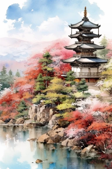 Watercolor Japan landscape, wonderful nature, very vivid colors, highly detailed drawing, white background, clipart, colorful, highly detailed, HD